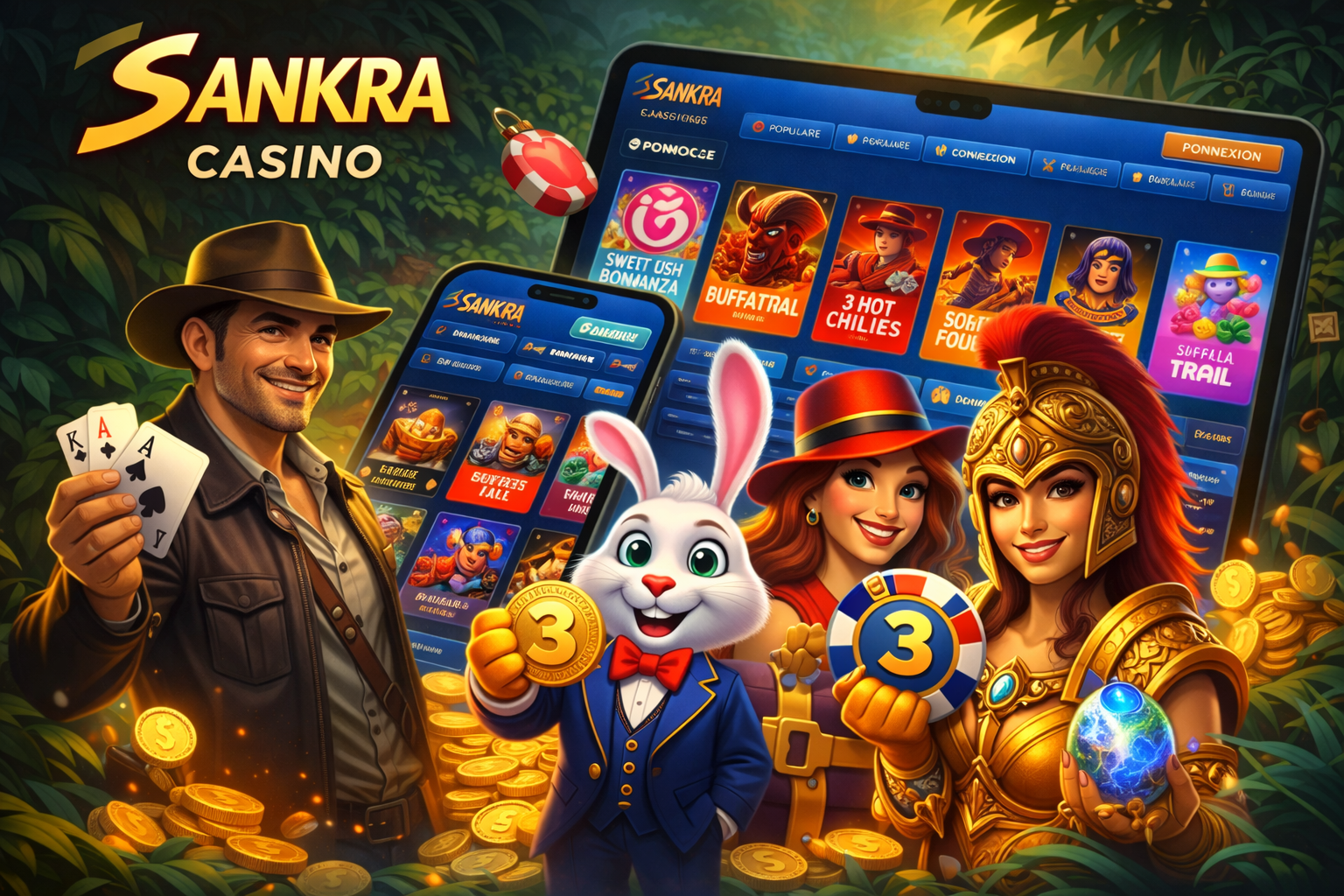 Casino app featuring adventure characters and gold coins