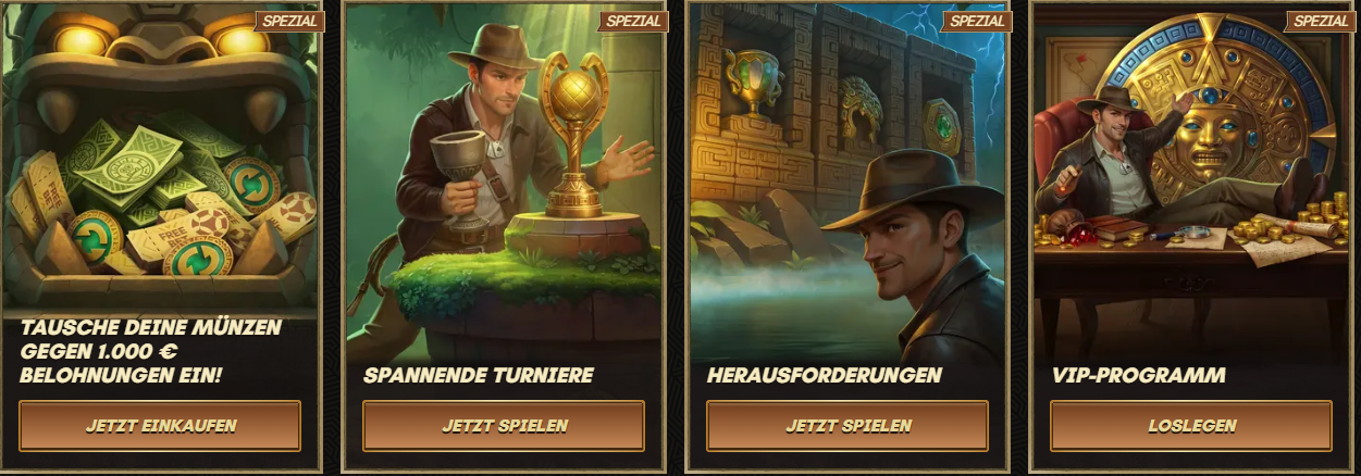 Adventurer examining a golden trophy in a jungle setting, promoting exciting tournaments.