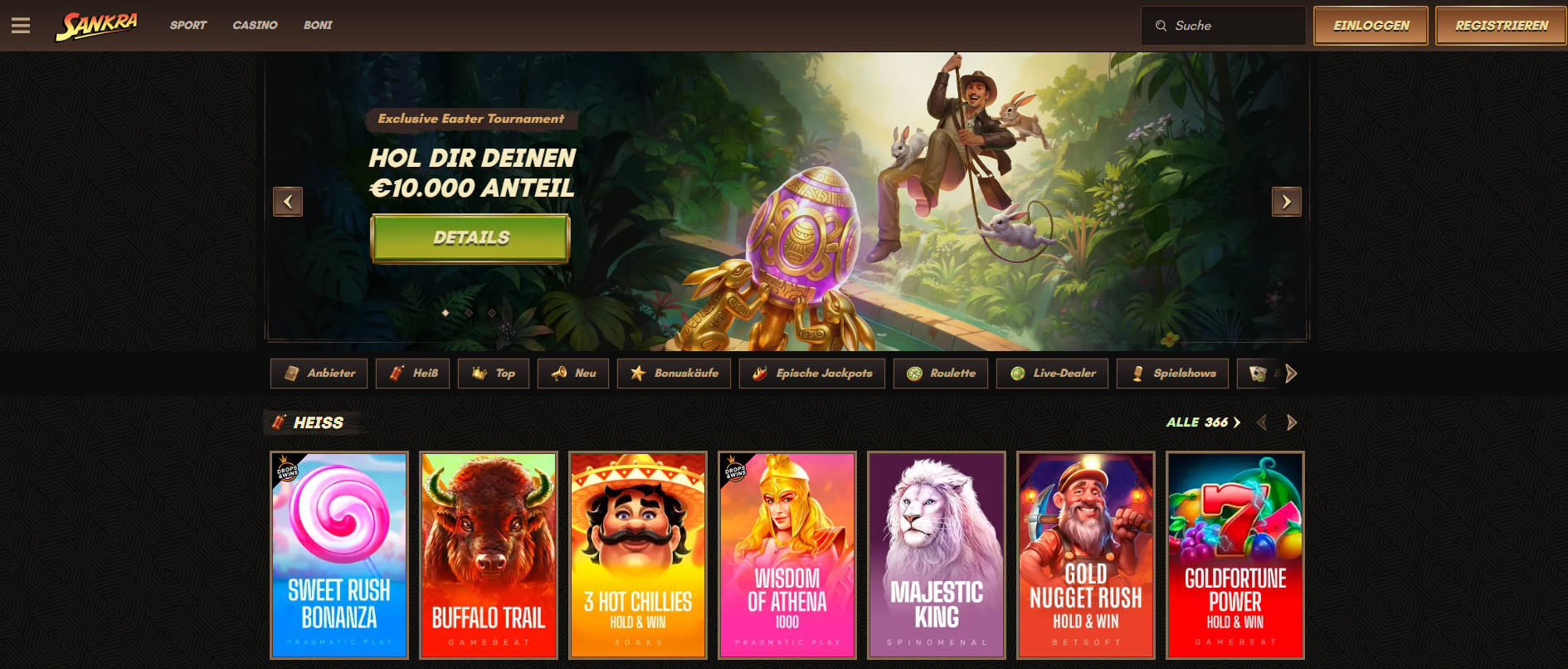 Sankra Casino homepage with bonus offer and slot games